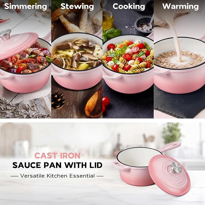 Onader 1QT Enameled Cast Iron Saucepan with Lid, Small Sauce Pan, Enamel Cast Iron Dutch Oven Cooking Kitchen Pot, Nonstick – Pink