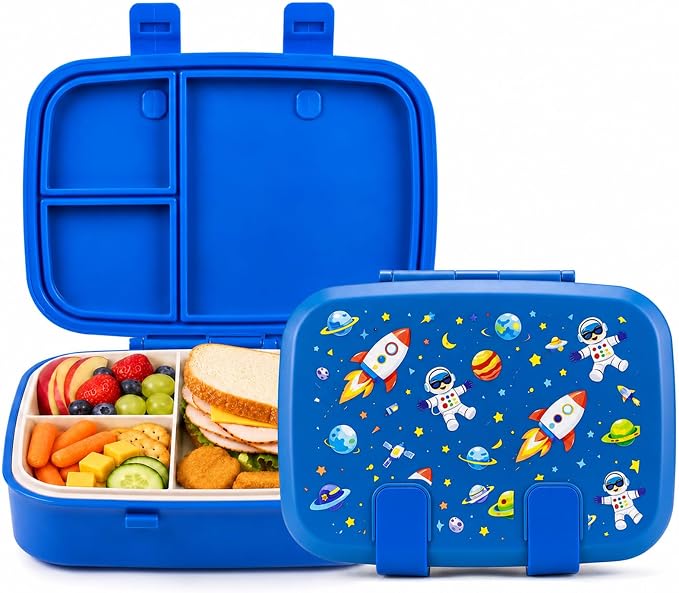 MISS BIG Kids Bento Lunch Box, Blue Astronaut, Microwave Safe, 800ml | Boys school lunch box with 3 sections for daycare, preschool, kindergarten, sandwiches, fruit, yogurt, dips, and snacks