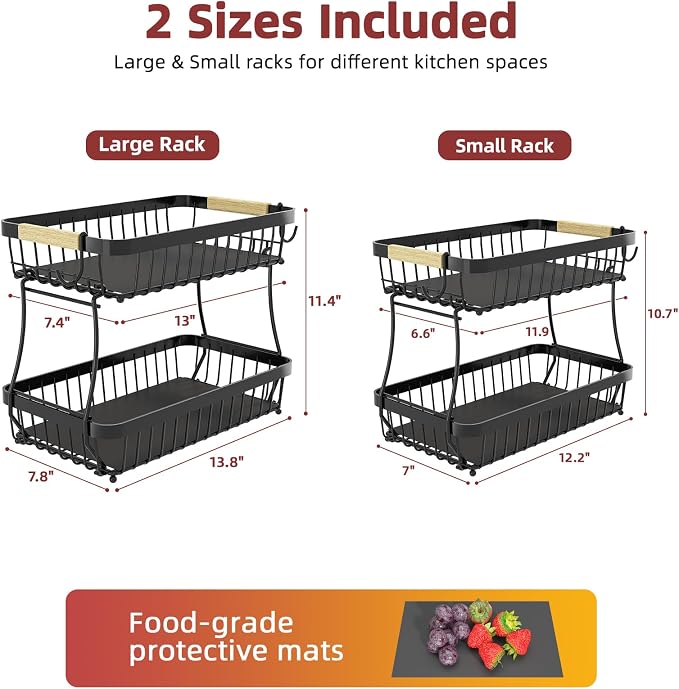 2-Tier Fruit Basket with Banana Hangers, Detachable Metal Bowl | Wooden handle, protective mats included. Versatile holder for bread, snacks, and veggies. 2-Pack 2 tier metal design.