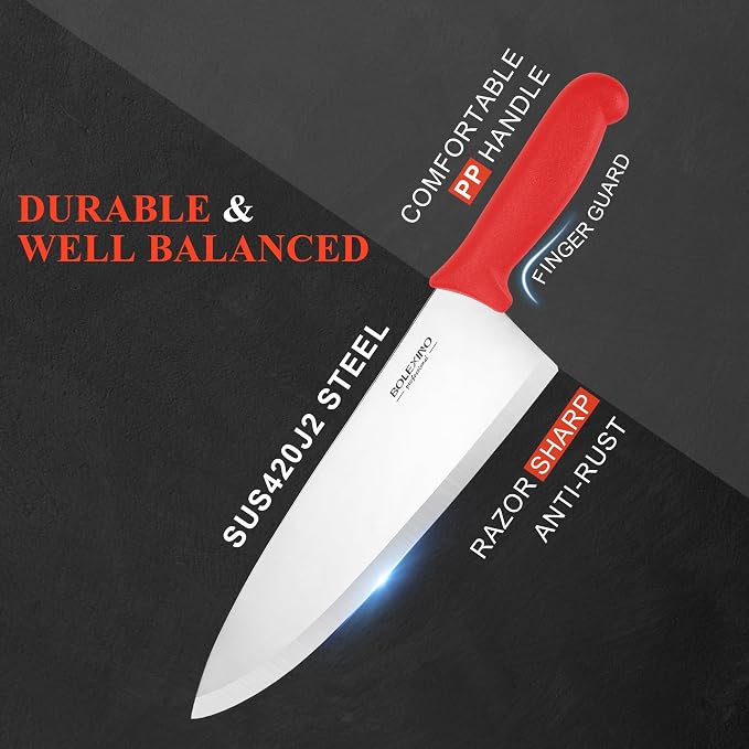 10" Professional Chef Knife, High Carbon Steel, Ergonomic (Red) | 10" High Carbon Stainless Steel,Versatile wide-blade chef knife,Non-Slip Ergonomic Handle,Durable, Stain-Resistant & Sharp.