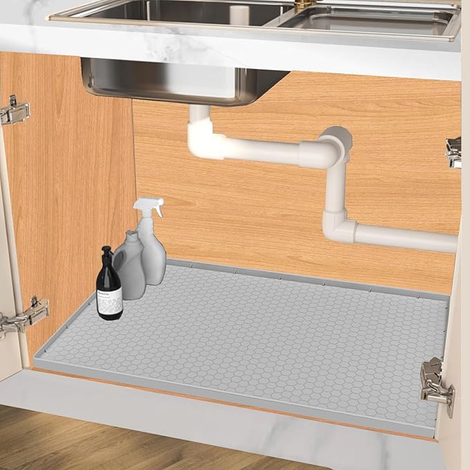 Under Sink Mat 22 x 19, Silicone Under Sink Protector Mat for Kitchen Waterproof, Easy to Clean Bathroom Cabinet Mat Organizers and Storage, Light Grey