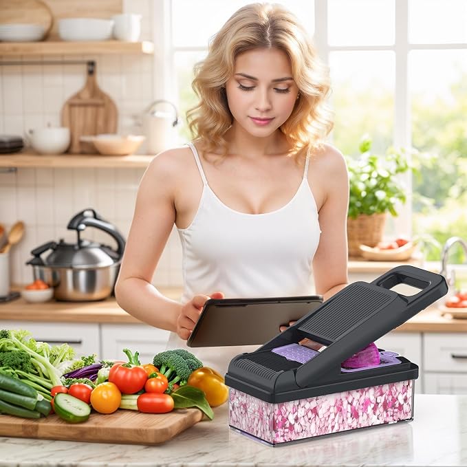 12-in-1 Vegetable Chopper 7 Blades, Veggie Cutter with Handle, Black/Purple | Stainless Steel Blades, Food Container and Lid, Dicer, Slicer, Julienne, Egg Separator, Non-slip Base, Include Cleaning Tools