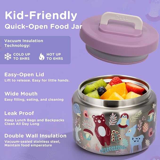 Kids Lunch Bento Box with 8oz Thermo/Ice Pack, BPA-Free, for School | Leak-proof Food Containers with 5 Compartment, Insulated Food Jar, Dishwasher Safe, Easy to Clean, Lunch Box for Girls Boys