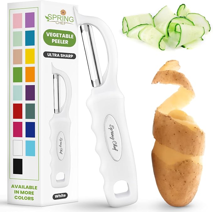 Spring Chef Swivel Potato Peeler for Kitchen with Ergonomic Handle, White | Premium Vegetable Peeler w/ Sharp Stainless Steel Blades, Multifunctional Food Peeler for Apple, Carrot, Cucumber, Fruit