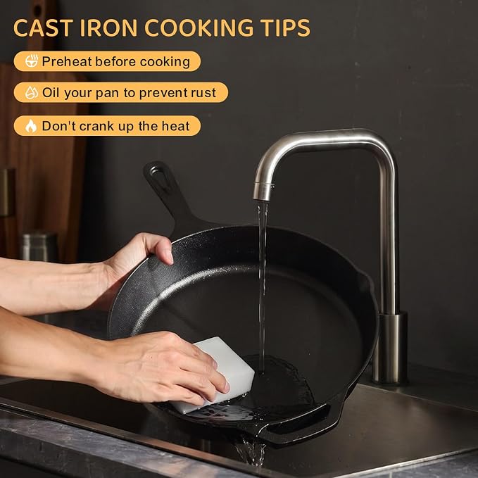 EWFEN Cast Iron Skillet 12 Inch, Pre-Seasoned Frying Pan, Heavy-Duty Professional Restaurant Chef Quality Cookware with Drip Spout, Indoor & Outdoor Use, Compatible with Oven, Stove, Grill & Campfire