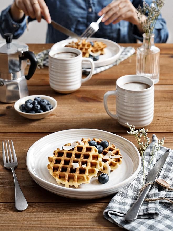 LE TAUCI Ceramic Dinnerware Sets for 4, 16 Piece Kitchen Dish Set with Mugs, Plates and Bowls Sets, Chip Resistant, Microwave & Dishwasher Safe, Arctic White (8"&10" Plate, 28oz Bowl, 12oz Mug)