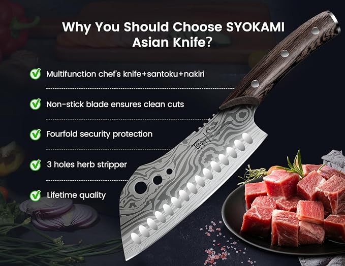Cleaver Chef Knife with Herb Stripper, 7" Asian Kitchen Knife | 3-in-1 Combined with Chef's Knife, Santoku, Nakiri for Slicing, Chopping, Dicing, Mincing, Housewarming Birthday Cooking Gift