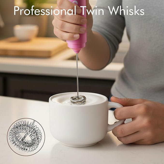 Rechargeable Milk Frother Handheld, 2-IN-1 Dual Spring Whisk Electric Frother Wand for Cappuccino Latte Macchiato, Portable Drink Mixer for Coffee, Matcha, Hot Chocolate