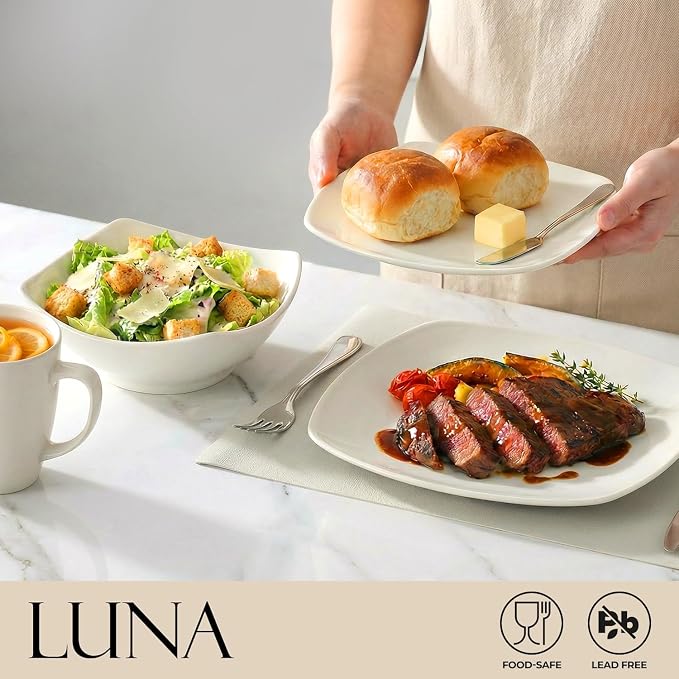 Zulay Kitchen Luna Plates and Bowls Sets, 16 Piece Modern Porcelain Dish Set for 4, Chip and Scratch Resistant Square Dinnerware Set, Microwave and Dishwasher Safe, Pearl White