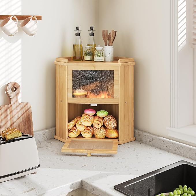 HOOBRO Bread Box, Corner Bread Box for Kitchen Countertop, 2-Tier Bamboo Bread Box, Food Storage Box, Bread Storage Container with Shelf, Bread Bin for Kitchen, Dining Room, Natural YL19MB01