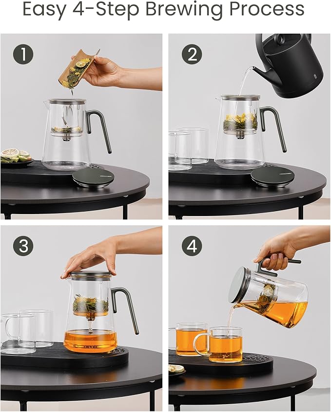 ZENS Magnetic Glass Infuser Teapot with 2 Cups for Loose Tea Steeper, 34oz | Magic Glass Teapot with Infusers for Loose Tea Steeper, Echanted Tea Pot for Herbal Tea Lovers, Dark Green