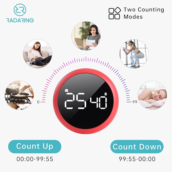 Rose Quick Que Kitchen Timers, Visual timers Large LED Display Magnetic Countdown Countup Timer for Classroom Cooking Fitness Baking Studying Teaching, Easy for Kids and Seniors (Rose)