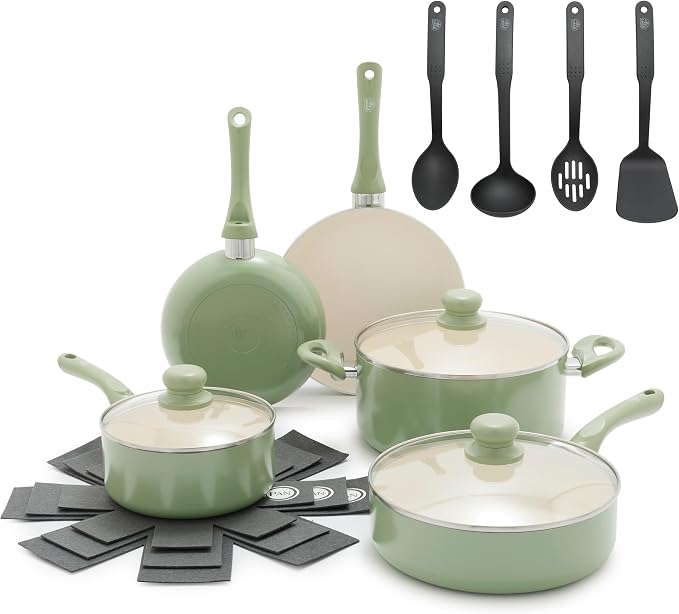 GreenLife 16pc Ceramic Nonstick Pots & Pans Cookware Set, Sage Green | PFAS-Free Nonstick Coating, Stockpot, Frying Pans, Saucepan, Sauté, Induction Ready, All Stovetop Compatible, Dishwasher Safe