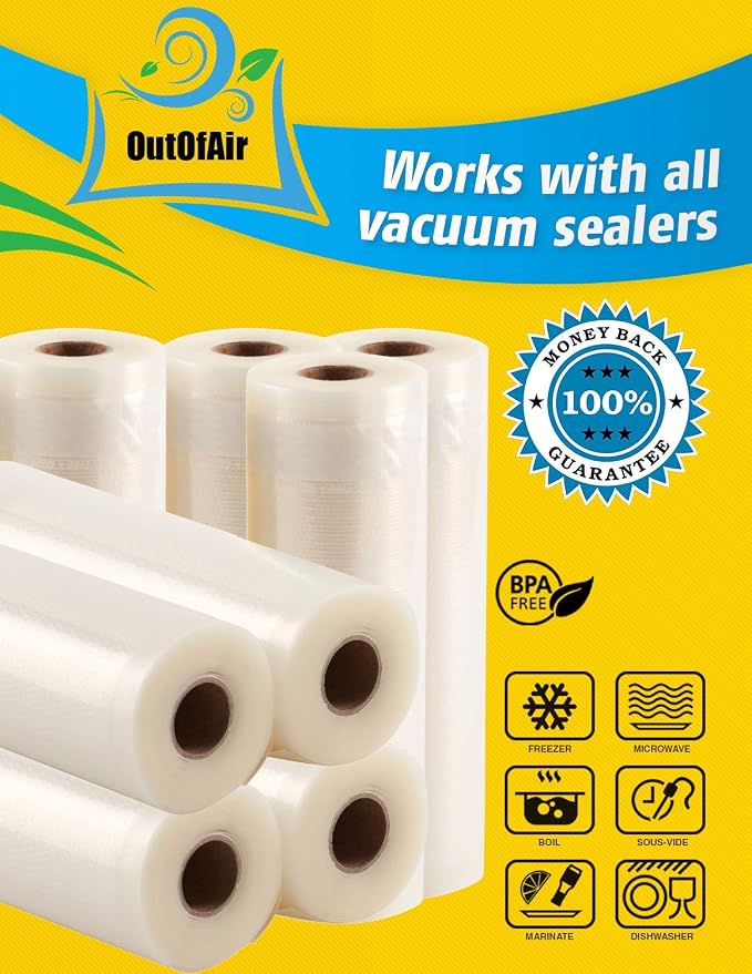 11" x 25' Rolls (Fits Inside Machine) BULK 8 Pack (200 ft total) OutOfAir Vacuum Sealer Rolls Works With FoodSaver & Other Machines, 33% Thicker BPA Free Sous Vide Commercial Grade Bags