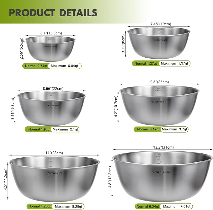 Greentainer Stainless Steel Mixing Bowls Set of 6, Nesting Bowls with Measurement Markings, 7.6 to 0.8 Qt for Baking, Prepping, Cooking and Serving Food, Large Metal Kitchen Bowls Dishwasher Safe
