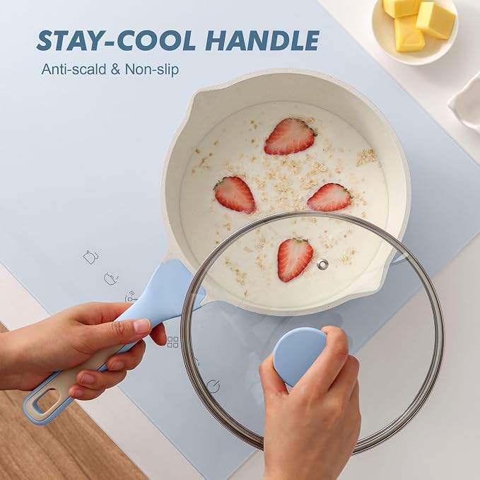 SENSARTE Ceramic Nonstick Saucepan with Double Pouring Spout, 3QT, Blue | Cooking Pot with Stay Cool Handle, Induction Compatible, Ceramic Coating, PFOA/PFAS/PTFE Free