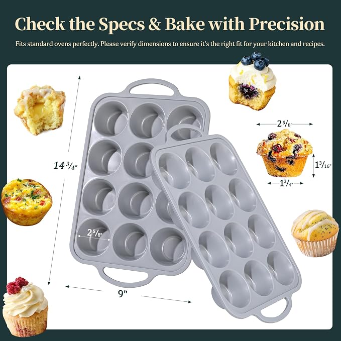 12-Cup Mini Silicone Muffin Pan with Reinforced Steel Frame,Metallic Silver | Regular Size Cupcake Pan, BPA Free Silicone Muffin Tray, Reinforced Steel Frame for Stability, Easy Baking & Cleanup, 2Pk