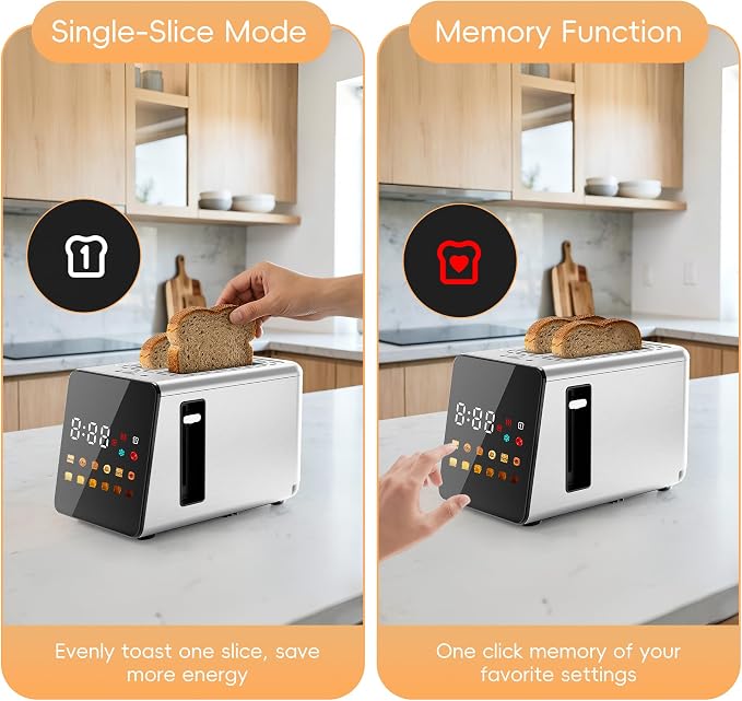 WUNLY Smart Touchscreen 2 Slice Toaster, Wide Slot, Memory & Single-Slot | Digital Timer, Extra Wide Slot for Bagels, 6 Shade Levels & 6 Bread Settings, Reheat, Defrost, Favorite,Platinum