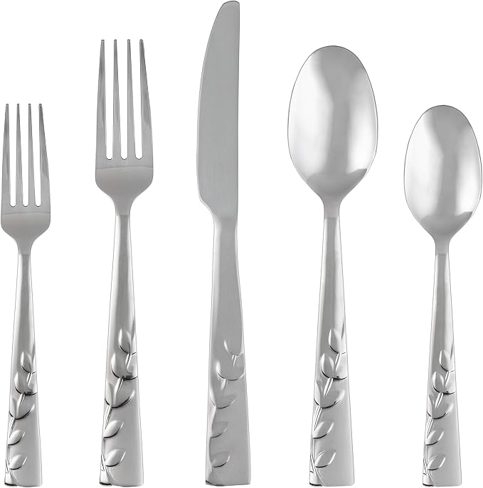 Cambridge Silversmiths 268320R Blossom Sand 20-Piece Flatware Silverware Set, Service for 4, Stainless Steel, Includes Forks/Knives/Spoons, Brushed Finish