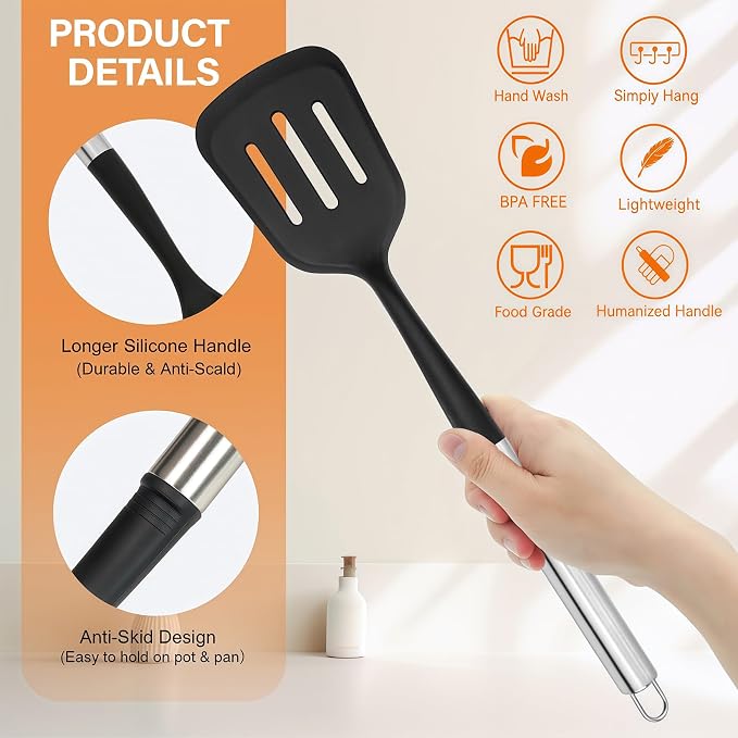 Large Silicone Cooking Utensils Set, 10Pcs Nonstick Kitchen Utensil Set with Stainless Steel Handle, BPA Free Spatula Set with Turners Spoon Ladle Skimmer(Black/Silver)