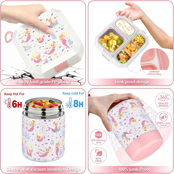 wiwens Bento Lunch Box for Kids with 12oz Soup Thermo Leak-Proof Lunch Food Container with 5 Compartment Thermo Hot Food Jar and Insulated Lunch Bag for Kid Toddler Girls Boys to School