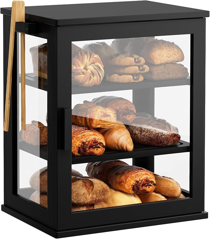 WOWLIVE Bread Box for Kitchen Countertop, 3 Layers Bread Storage Container | Large Bamboo Bread Bin for Homemade Bread with Window, Farmhouse Breadbox Organizer for Kitchen, Cabinet, Black, Meduim