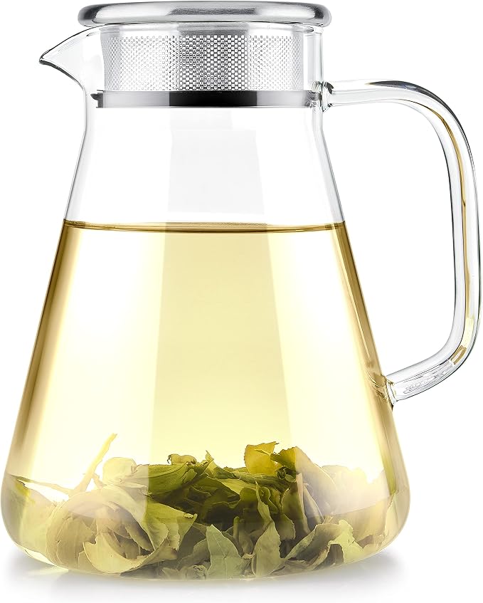 Teabloom One-Touch Tea Maker, 2-in-1 Teapot and Kettle with Stainless Steel Filter Lid for Loose Tea – Stain-Free Borosilicate Glass Teapot (40 Oz) – Tea Connoisseur's Choice
