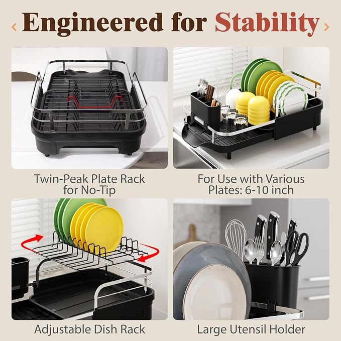 Dish Drying Rack, Expandable Stainless Steel Dish Drainer for Kitchen Counter, Rustproof Auto Draining Drainboard, Raised Guardrail, Detachable Utensil Holder, Space Saving Kitchen Organizer (1 Tier)
