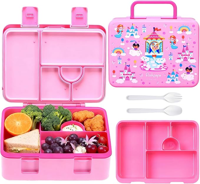 rockpapa Bento Box for Kids - Large 5.5 Cups Lunch Box with Utensils - 5 Compartments, BPA-Free, Leak Proof, Portable Handle for Boys Girls, Microwave/Dishwasher Safe (Pink Fairies)