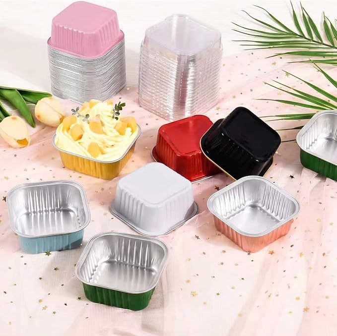 50 Pack Mini Cake Pans With Lids And Spoons,5oz Square Aluminum Foil Brownie Baking Cups,Small Cake Tins,Individual Cake Pans With Lids for Wedding Birthday Party (Green)