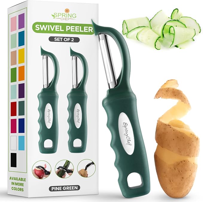 Spring Chef Swivel Potato Peeler w/Soft Grip Handle, Set of 2, Pine Green | Premium Vegetable Peeler w/ Sharp Stainless Steel Blades, Multifunctional Food Peeler for Apple, Carrot, Cucumber, Fruit