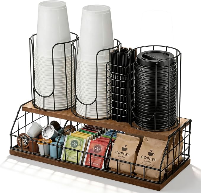 18oz Adjustable Coffee Cup Dispenser with Wooden Base, Cup and Lid Holder, Cups Holder Organizer for Coffee Pod Straw and Lid Storage(4-compartment Double,Color 1)