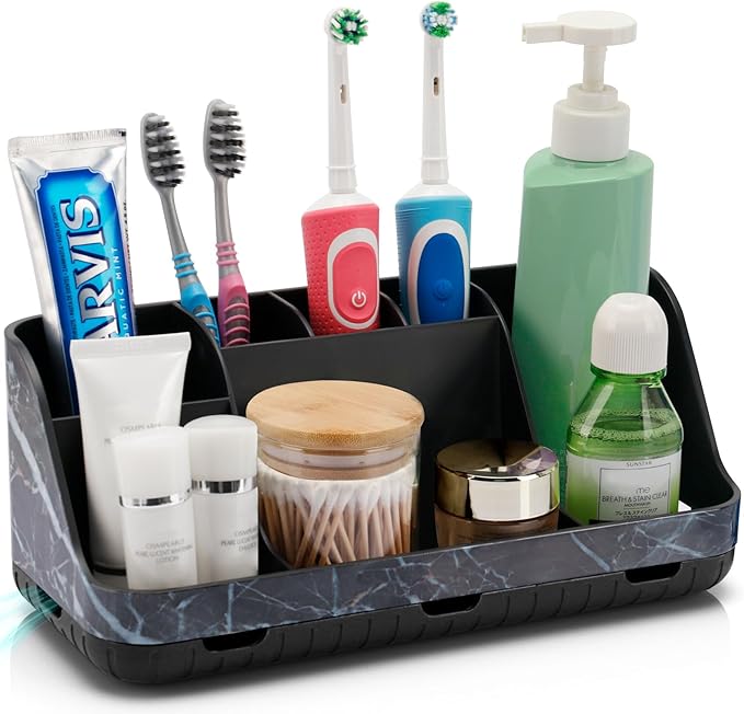 GFWARE Marble Black Toothbrush Holder for Bathrooms, Bathroom Sink Storage | Detachable 7 Slots Kid Electric Toothbrush and Toothpaste Holder, Bathroom Sink Accessories Storage Caddy Marble-Look, Black