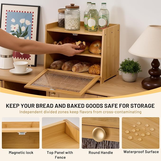 Bamboo Bread Box for Kitchen Countertop, 15.7x9.8x12.6 in, Wood Color | Double Layer Bread Box, Fluted Acrylic Doors, Farmhouse Bread Box for Homemade Bread, Loaves, Bagels, Muffins & Pastries