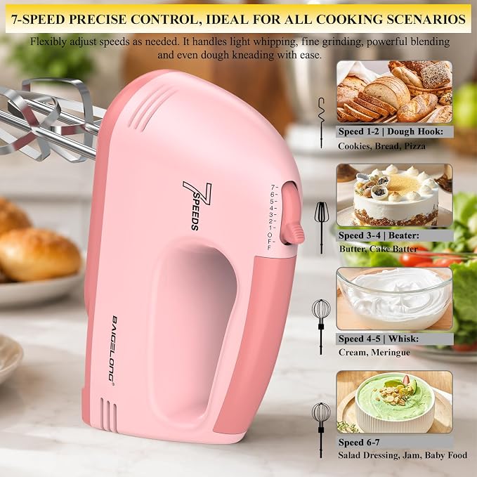 BAIGELONG Hand Mixer. 7-Speed Adjustable Kitchen Electric Mixer. With 5 Stainless Steel Attachments: 2 Hooks, 2 Beaters, 1 Whisk. Comes 1 Storage Box. Perfect for Bakers and New Starters. Pink