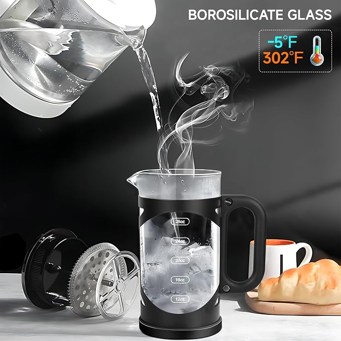 YMMIND 34 Ounce French Press Coffee Maker Black Stainless Steel Coffee Press, with 4-Level Filter System, Heat Resistant Thickness Borosilicate Glass, BPA-Free Brewed Coffee Pot for Camping Gifts