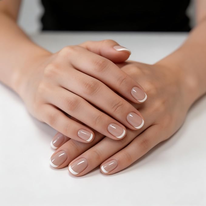 Handmade Press on Nails Short Almond Nude White French Tip Fake Nails Glossy Full Cover Muti-Layer Gel Acrylic Nail Natural & Elegant Style Thick False Nail Solid Color Stick on Nails for Women (M)