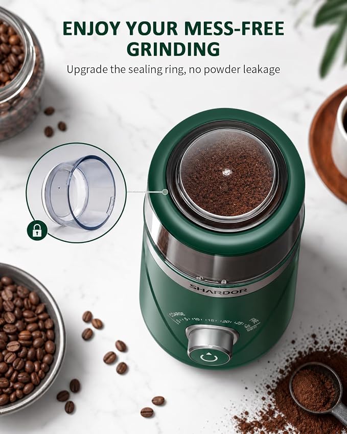 SHARDOR Electric Super Silent Blade Coffee Grinder, Timed Grind Control Rotary Knob, Adjustable Coarse to Fine for Coffee Beans, Spices & Herbs, with 2 Removable Stainless Steel Bowl, Green