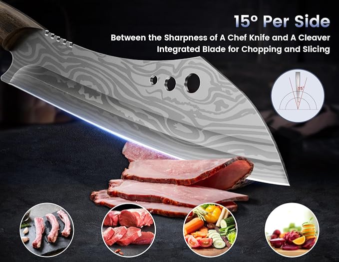 Butcher knife for Meat Cutting, 10 Inch Cleaver with Herb Stripper | Japanese Style High Carbon Steel Kitchen Chef Knife for Chopping & Slicing, Full Tang Wood Handle, Damascus Pattern
