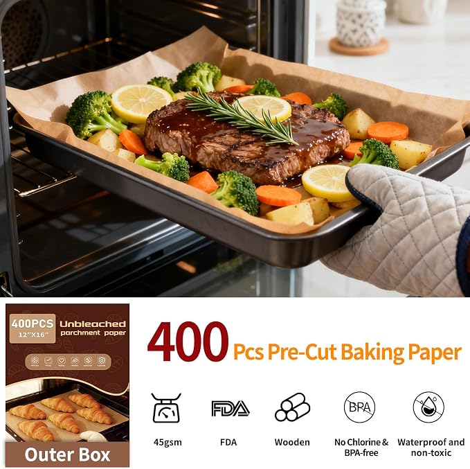 YUANYE 400PCS Parchment Paper Baking Sheets, 12"x16" Unbleached Precut Half Parchment Paper for Baking, Non-Stick Baking Paper for Baking, Grillin, Steaming Bread Cookies, Oven, Air Fryer, Microwave