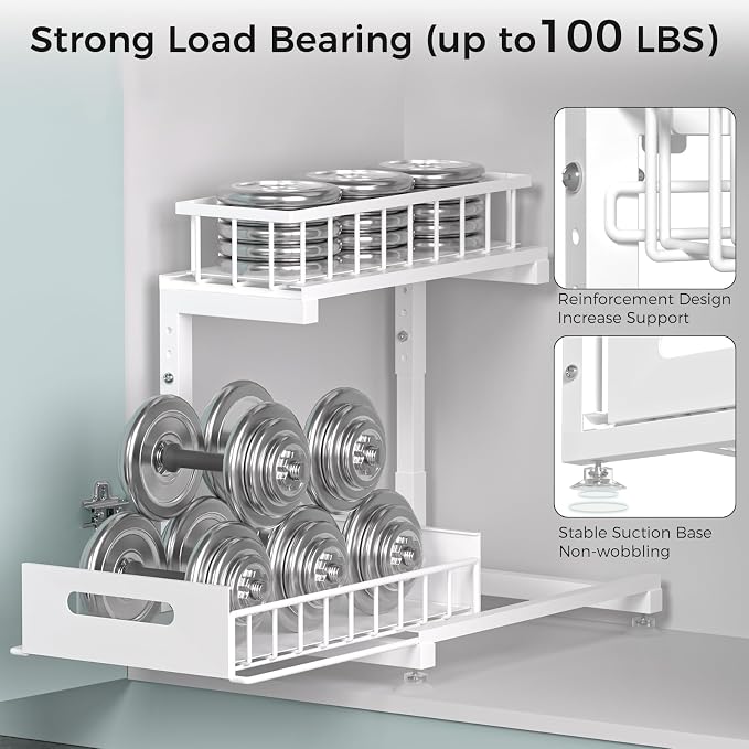 L-Shaped Under Sink Organizer, 2-Tier Pull-out Cabinet Rack 1-Pack | White Height-Adjustable Metal Rack, Sliding Grid Drawers with Safety Stopper, Holds 100 Lbs, Ideal Kitchen Cabinet Storage