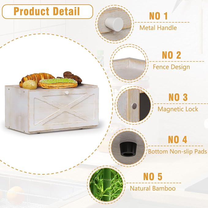 Trironsun Bamboo Bread Box for Kitchen Counter Farmhouse Bread Storage Container Large Capacity Bread Storage Bin Bread Holder (Antique White)