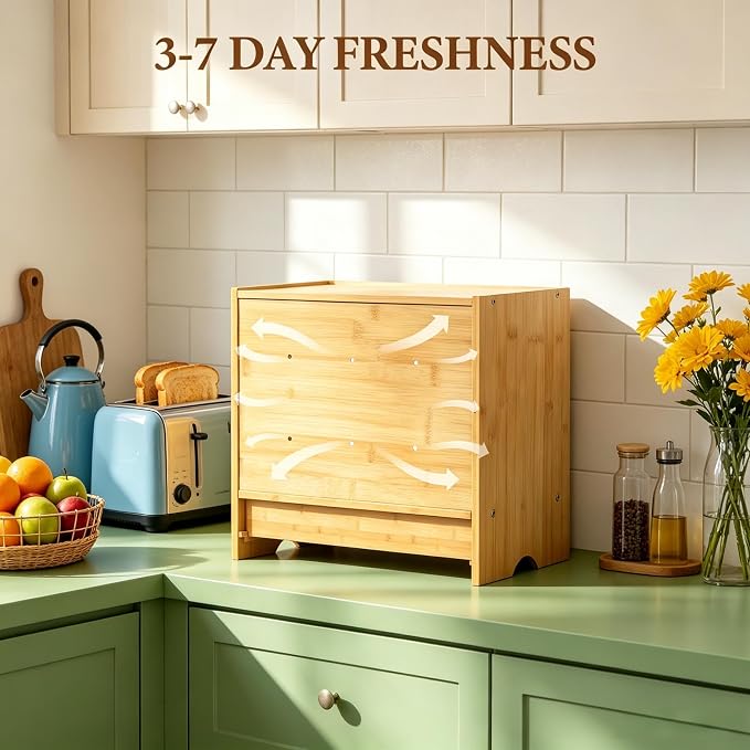 2 Tier Bread Box with Slicer and Cutting Board Extra Large | Bread Storage, Keep Bread Fresh, Bamboo, Large Capacity, Space-Saving, Acrylic Window, for Homemade Bread, Kitchen Storage