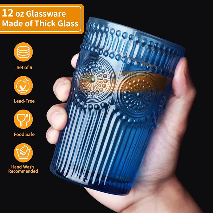 Loivttvv 6pcs Vintage Drinking Glasses Set, 12 oz Blue Highball Glasses, Embossed Ribbed Glassware Cups for Cocktail, Water, Juice, Coffee, Whiskey
