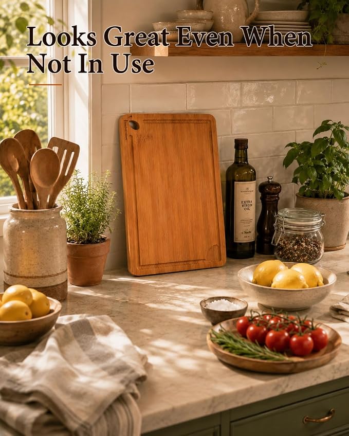 Cutting Boards for Kitchen, Wooden Chopping Board for Meat, Vegetables and Fruit, 18" x 12" XL Deep Carbonized Bamboo Board for Meal Prep, Serving, Daily Cooking and Kitchen Counter