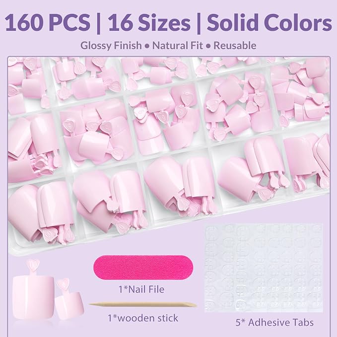 AddFavor 160pcs Pink Press on Toenails for Women, Full Cover Fake Toe Nail Tips with Adhesive Tabs, Artificial Pedicure Toe Nail Press ons, Pink False Toenail Press ons