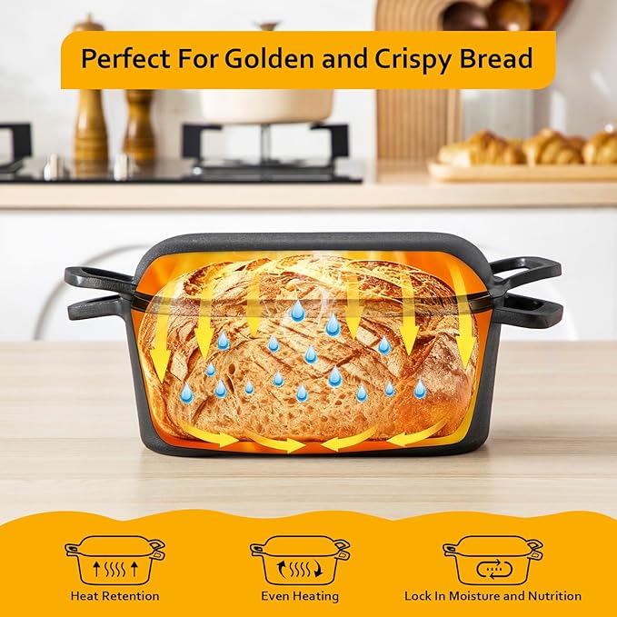 Velaze 3.6 QT Oval Cast Iron Dutch Oven for Bread Baking, Offset Handles | Bread Pan with Lid for Sourdough Sandwich,Small Households Baking,Gift for Bread Bakers,Deep Base,Oven Safe,Black