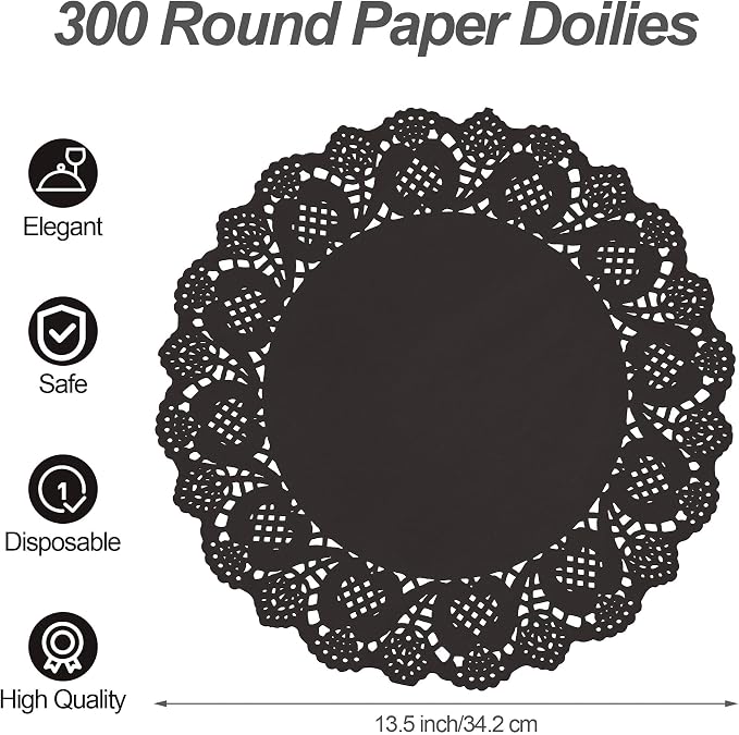 MCEAST 300 Pack Round Black Paper Doilies 13.5 Inches Lace Paper Place Mats Rustic Scallop Doily Disposable Table Pads for Food Cakes Crafts Party Weddings Tableware Decor