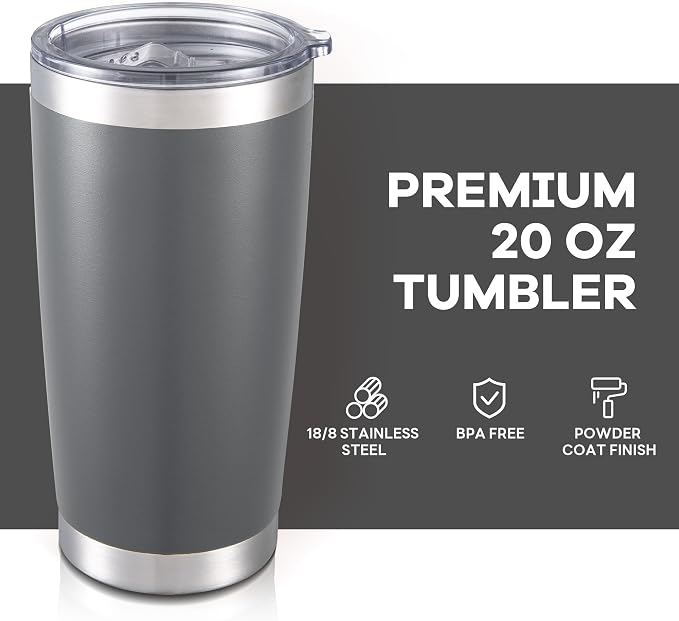 20 oz Tumbler with Lid Stainless Steel Insulated Tumblers Bulk Cups Mug | Double Wall Vacuum, Powder Coated, Keep Drinks Cold and Hot, Waterproof Lid, Fit of Car Cup Holders, Grey, 8 Pack
