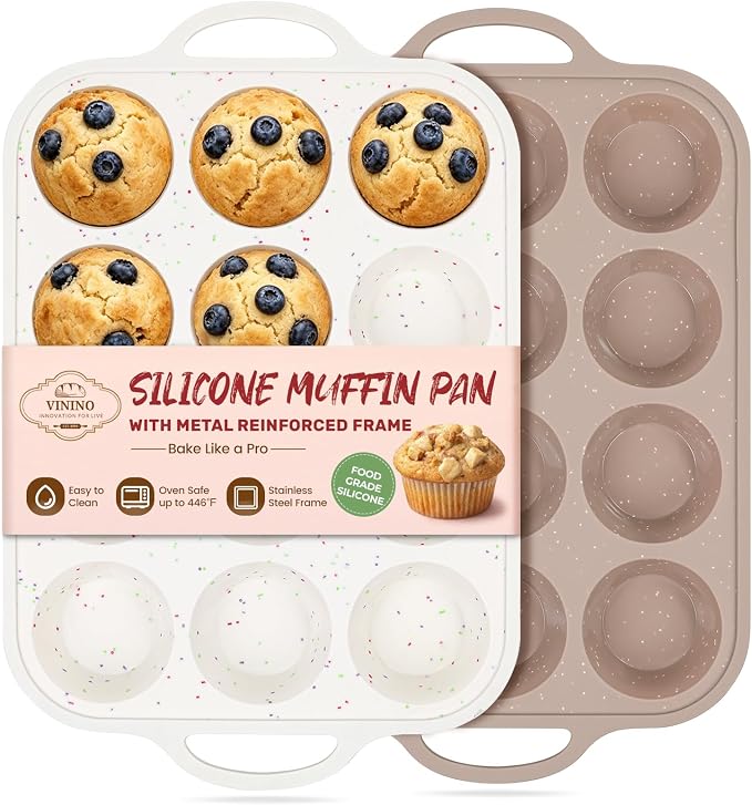 Vinino 2Pack Silicone Muffin Pans for Baking with Metal Reinforced Frame, 12 Cups Regular Size Nonstick Silicone Cupcake Pan, BPA Free Oven Dishwasher Safe Baking Mold for Muffins Cupcakes